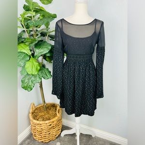 Free People Black Sheer Chiffon Lace Trim Polk dot Mini Long Sleeve Dress